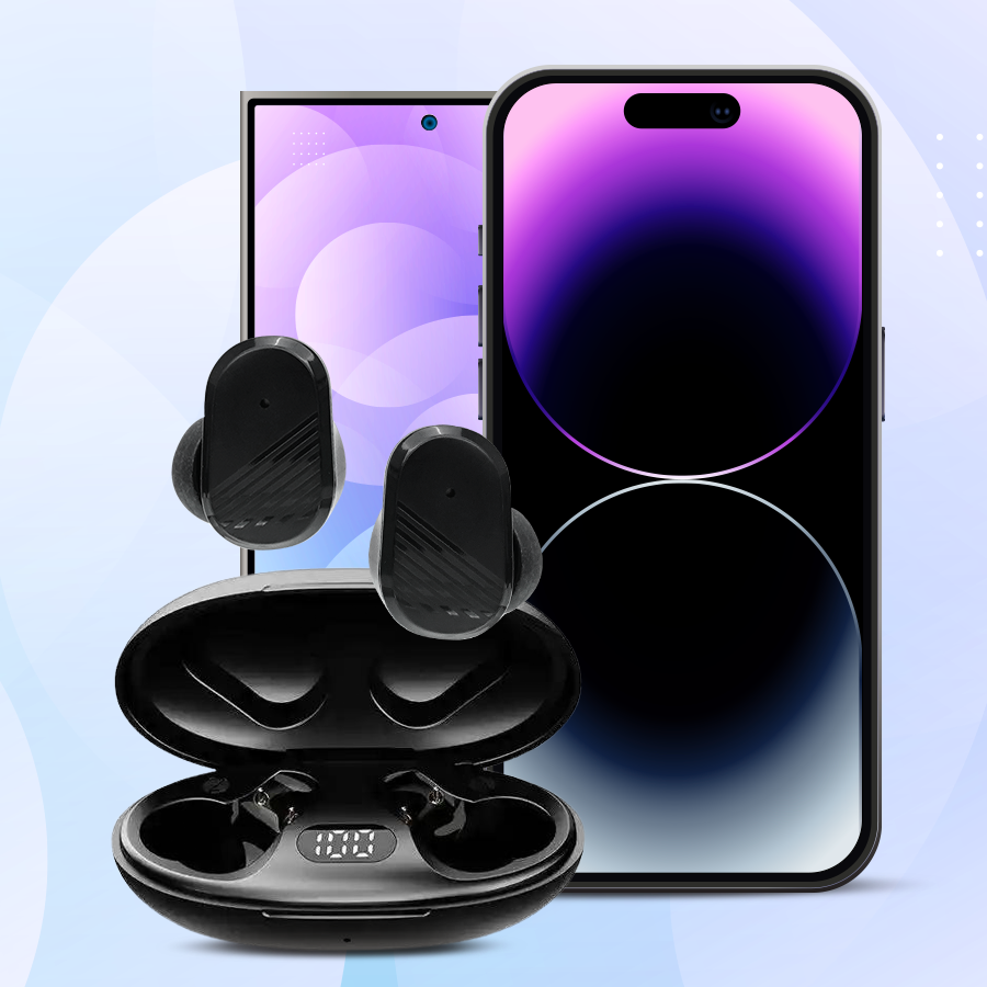 EchoLabs wireless earbuds with charging case and phone