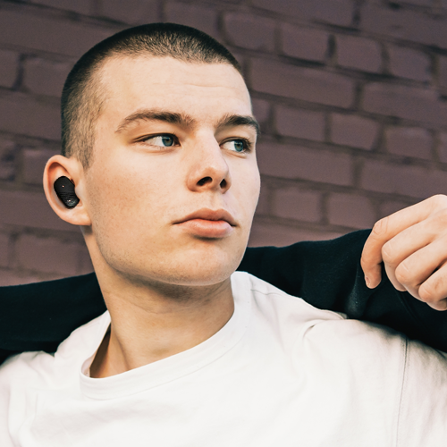Close-up of EchoLabs earbud in ear