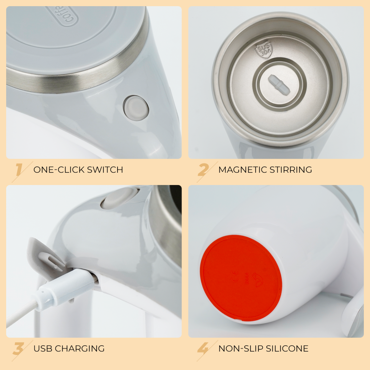 MixMate Pro features: one-click switch, magnetic stirring, USB charging, non-slip base