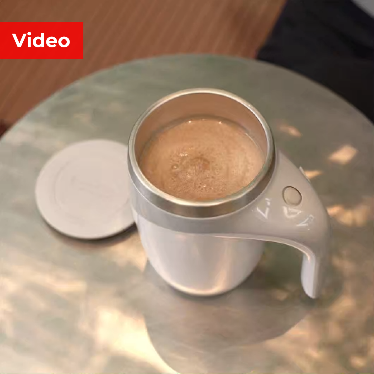 MixMate Pro self-mixing smart mug with frothy drink