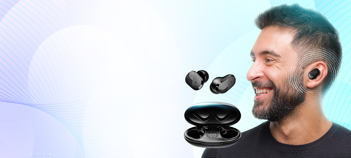 Man smiling wearing EchoLabs earbuds